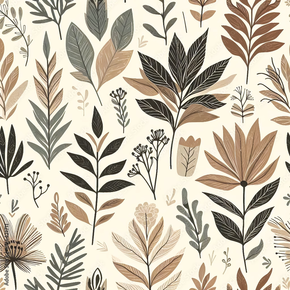 Fototapeta premium Seamless Hand-Drawn Botanical Pattern with Flowers and Leaves in Earthy Tones on Beige Background