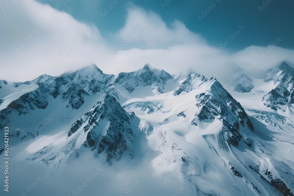 Sleek Drone Perspective of Sprawling Snow Covered Mountain Range Sleek Drone Perspective of Sprawling Snow Covered Mountain Range