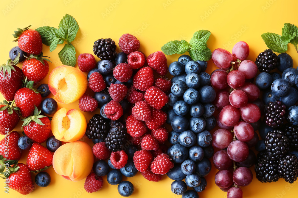 Fototapeta premium Ripe berries and fruits on a yellow background.