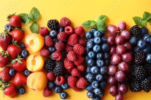 Ripe berries and fruits on a yellow background.