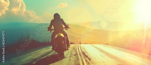 Pastel yellow motorcycle on country road close up, focus on, copy space soft colors, Double exposure silhouette with rolling hills