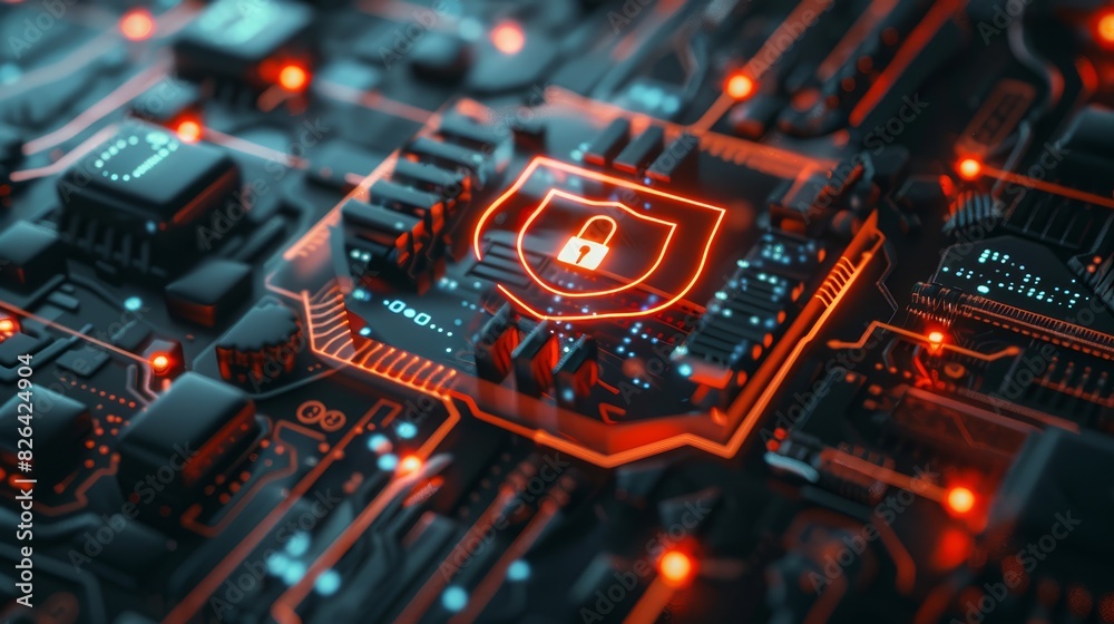 Network security interface with shield symbol, closeup, highlighting robust protection, futuristic tone, Complementary Color Scheme Network security interface with shield symbol, closeup, highlighting robust protection, futuristic tone, Complementary Color Scheme