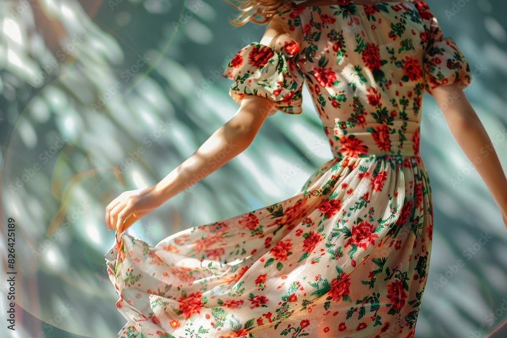 Person twirling in a floral dress, summer joy, closeup, photorealistic, Manipulation, sunlit terrace backdrop Person twirling in a floral dress, summer joy, closeup, photorealistic, Manipulation, sunlit terrace backdrop