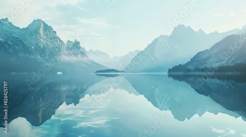 Mountain lake reflecting the surrounding peaks close up, focus on, copy space highlighted by serene, tranquil colors Double exposure silhouette with a peaceful nature scene