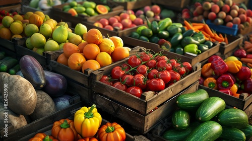 Fresh and organic vegetables and fruits on a local farmer s market. The vibrant colors of the produce create a sense of abundance and variety.