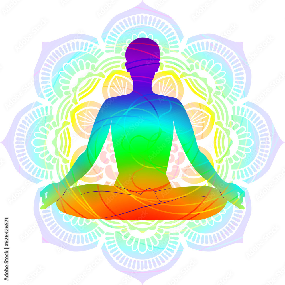 Colorful silhouette of woman practicing Ardha Padmasana yoga pose. Half Lotus pose. Beginner Difficulty. Isolated vector illustration