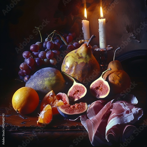 still life of fruits and meat, photograph in the style of m??t?(C) kov??shvay, with figs, oranges, pears, grapes, and ham on an old wooden table, illuminated by the soft glow of candlelight,  photo