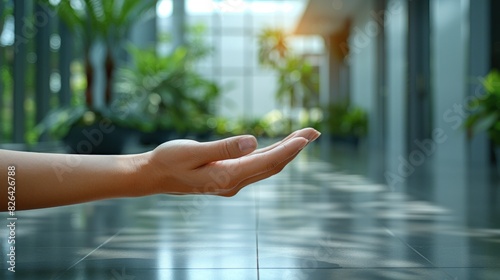 A suited hand holding a sophisticated interface icon with a minimalist office background