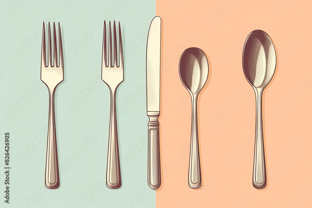 Artistic arrangement of silverware - forks, knife, and spoons set against a pastel background. Ideal for culinary and dining themes. Artistic arrangement of silverware - forks, knife, and spoons set against a pastel background. Ideal for culinary and dining themes.