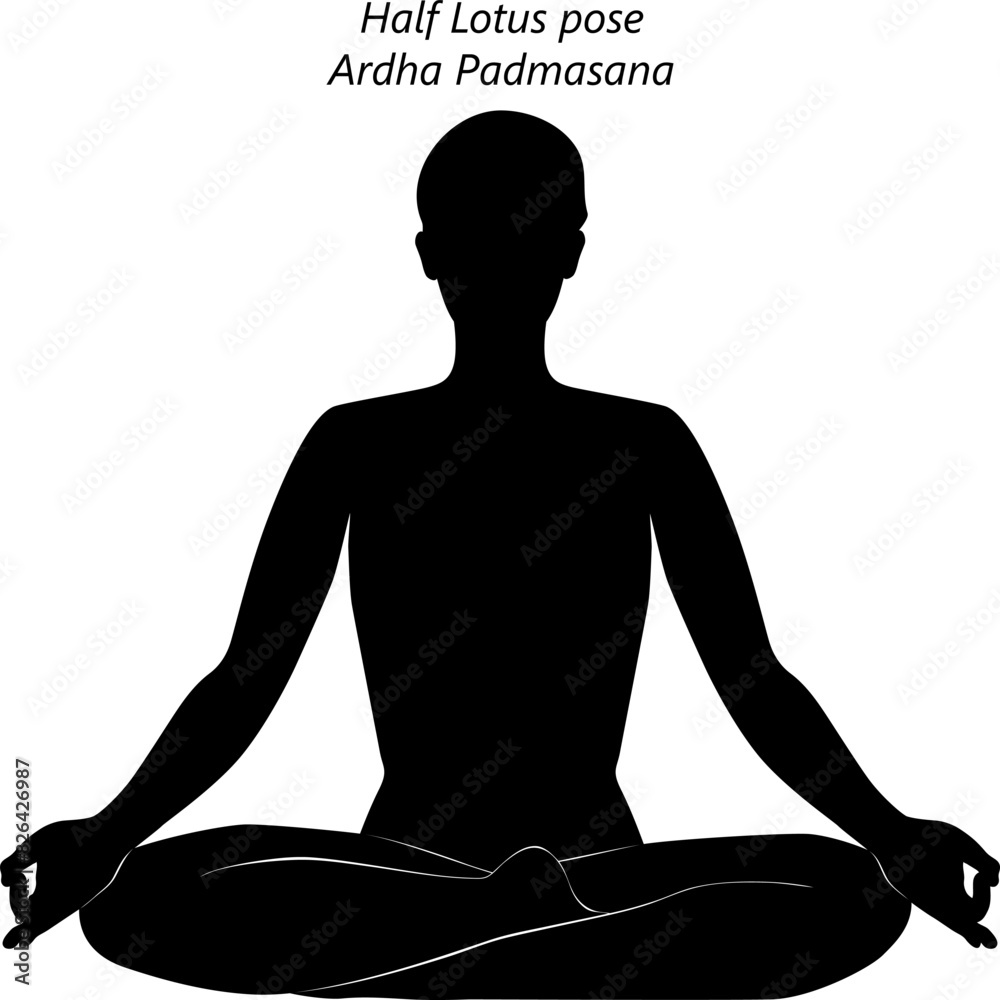 Silhouette of young woman practicing Ardha Padmasana yoga pose. Half Lotus pose. Beginner Difficulty. Isolated vector illustration