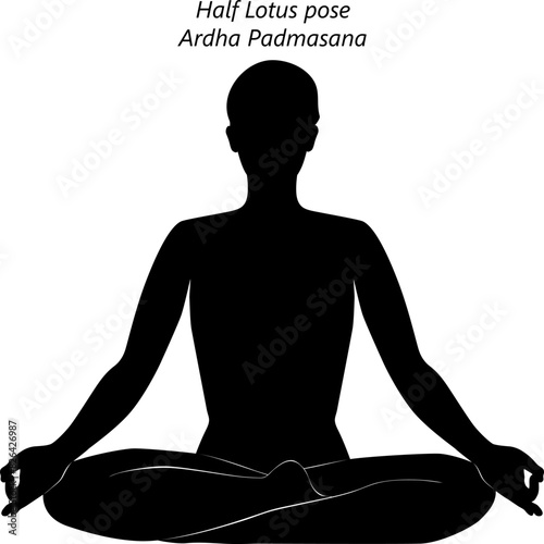 Silhouette of young woman practicing Ardha Padmasana yoga pose. Half Lotus pose. Beginner Difficulty. Isolated vector illustration