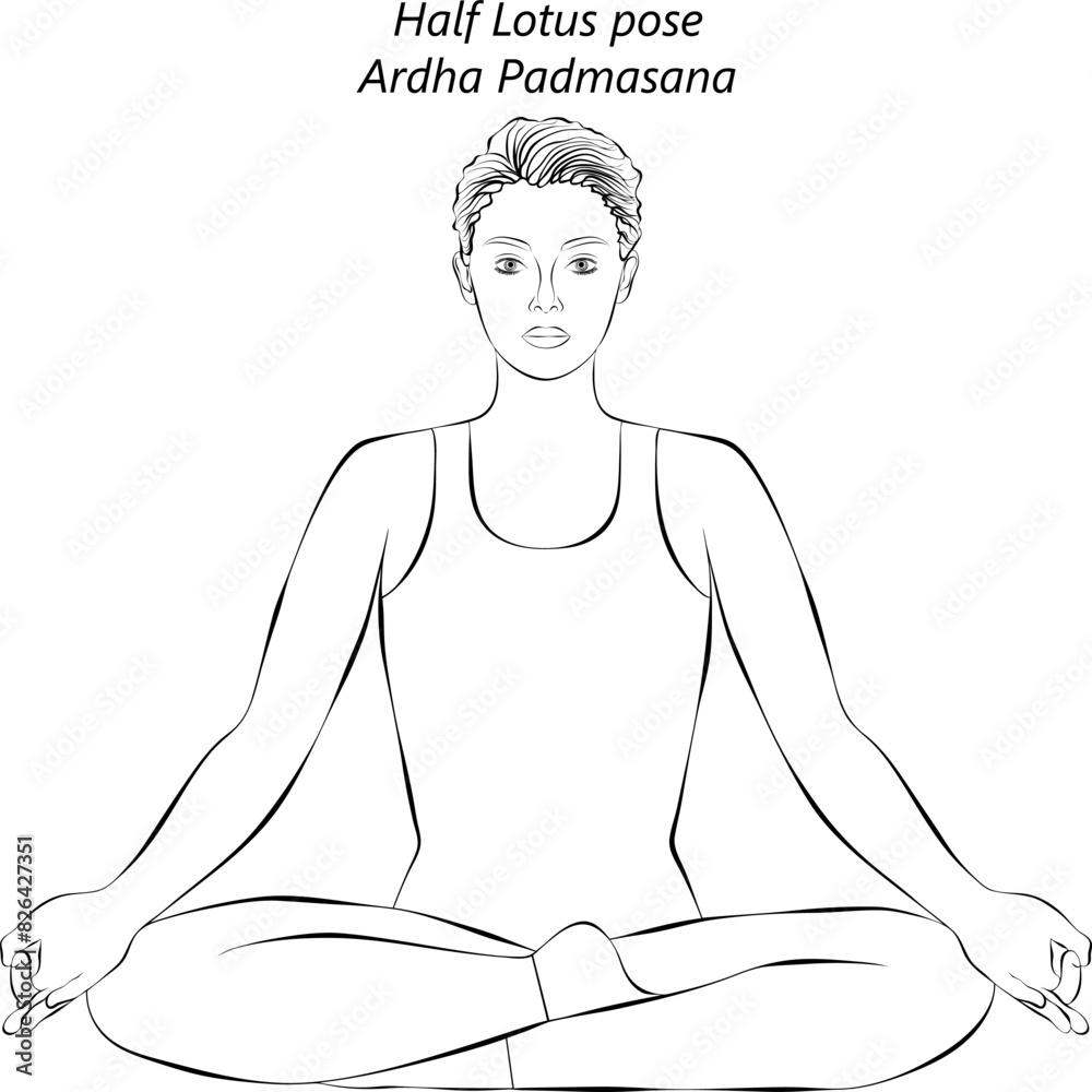 Sketch of young woman practicing Ardha Padmasana yoga pose. Half Lotus pose. Beginner Difficulty. Isolated vector illustration. Sketch of young woman practicing Ardha Padmasana yoga pose. Half Lotus pose. Beginner Difficulty. Isolated vector illustration.