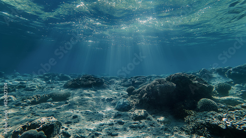 Sun rays penetrating the rocky ocean floor carved by the wave. Underwater photography. Landscape. photo