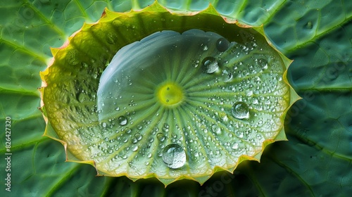 A minimalist image of a single water droplet on a lotus leaf, magnified to reveal the leafâ€™s vein patterns within the droplet. The droplet acts as a lens, transforming the simple into the vast, and