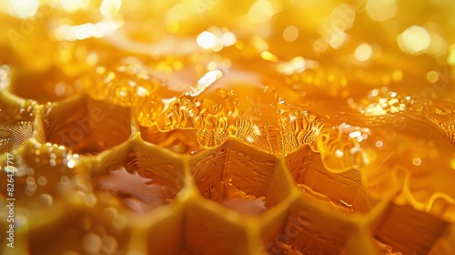 An extreme close-up of a drop of honey on a honeycomb, with the hexagonal patterns and the viscous liquid illustrating vastness in tiny shapes. The image turns a simple act of nature into a grand photo