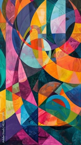 Colorful mural with overlapping geometric shapes and dynamic patterns