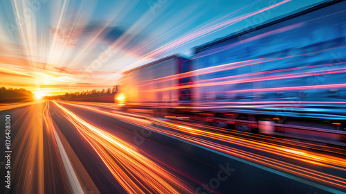 Highway background with a truck in fast motion