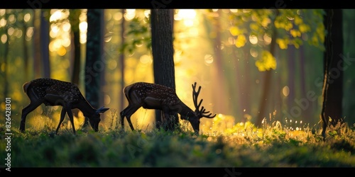 A tranquil forest clearing with bokeh deer silhouettes grazing peacefully at dusk.