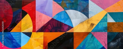 Vibrant, geometric wall mural showcasing a blend of colorful shapes and textures
