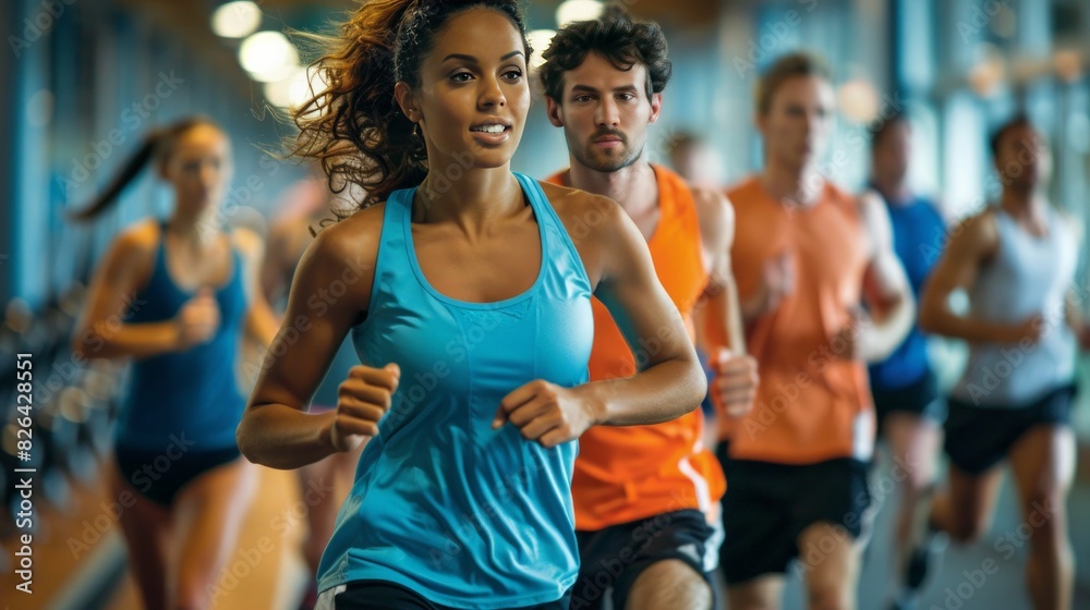 Fototapeta premium Fitness resolution: Capture a group of people working out in the gym, running outdoors, and participating in fitness activities. Focusing on health and New Year's resolutions.