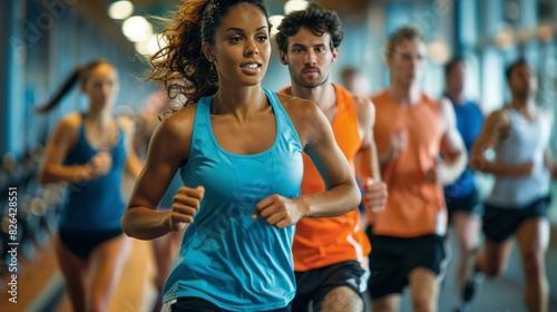 Fitness resolution: Capture a group of people working out in the gym, running outdoors, and participating in fitness activities. Focusing on health and New Year's resolutions.