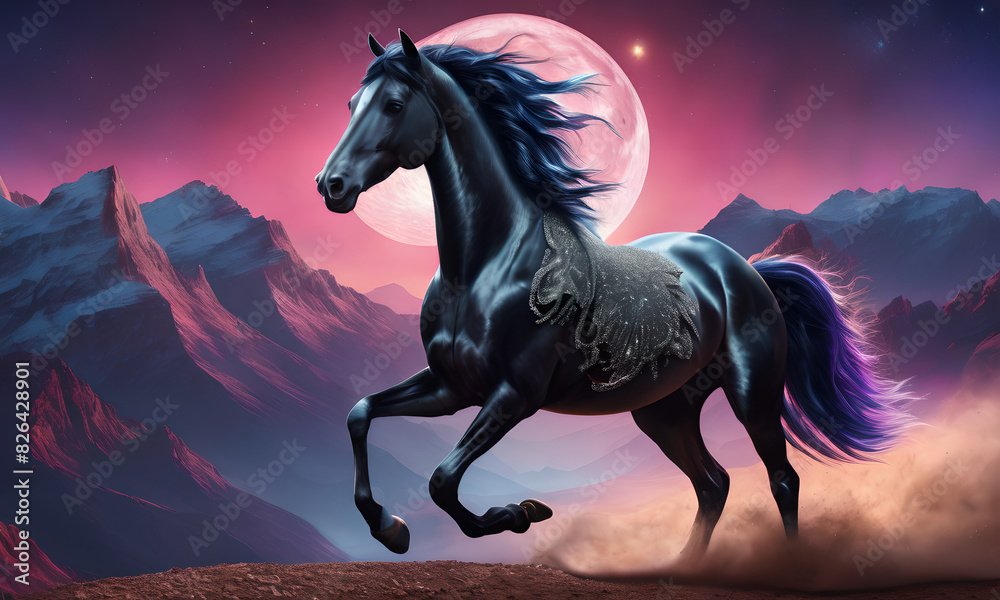 a wallpaper representing a galloping horse with a lunar landscape in the background a wallpaper representing a galloping horse with a lunar landscape in the background
