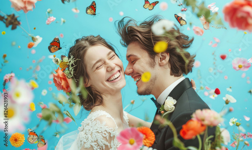 A beautiful young couple shot containing elements of flowers and butterflies
