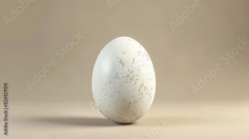3D rendering of a single white egg with brown spots on a beige background. The egg is slightly tilted and facing the camera.