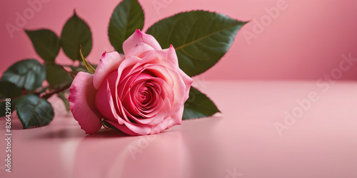 Mother’s Day, Valentine's day, Romantic Scene, 8 March , Women's Day concept . A red rose sits on a light pink table. The rose is in full bloom and has velvety petals.