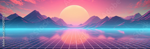 Digital Mountains Landscape With Neon Grid And Large Moon. Retro-Futuristic Poster. Generative AI