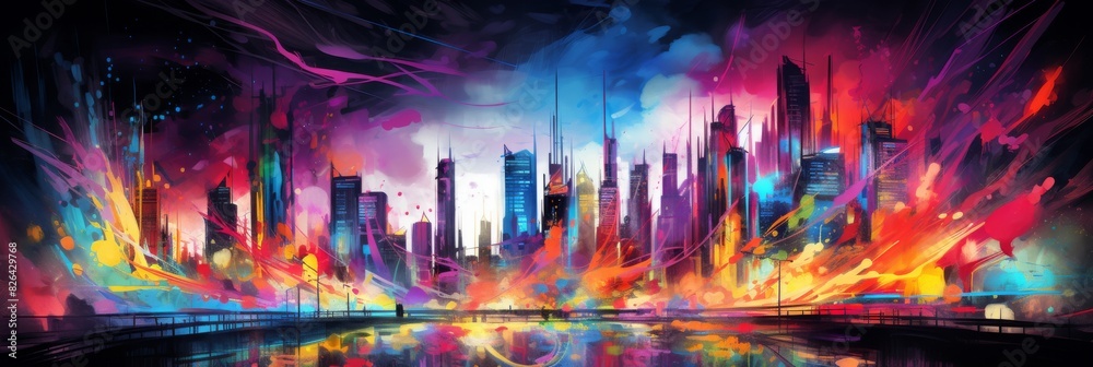 Futuristic Cityscape Painting. Abstract Urban Skyline, Modern Cityscape With Surreal Architectural Forms. Generative AI