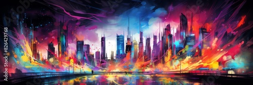 Futuristic Cityscape Painting. Abstract Urban Skyline, Modern Cityscape With Surreal Architectural Forms. Generative AI © pibi37.studio
