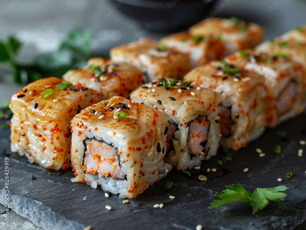 Close-Up of Sushi Rolls on Slate Plate Close-Up of Sushi Rolls on Slate Plate