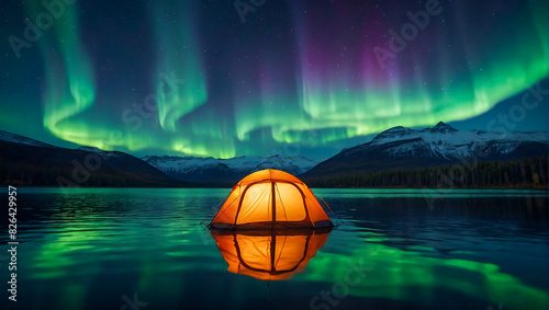 A glowing tent by a calm tranquil lake with the beautiful northern lights dancing in the sky © The A.I Studio