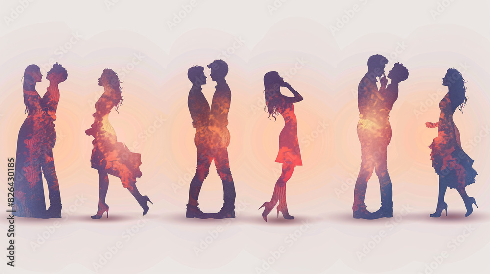 Naklejka premium Silhouettes of couples in romantic poses on a white background
