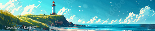 lighthouse on a coastal cliff during sunrise, with a house, seagulls, and calm sea. Generative ai vector illustration. Pop art comic book style imitation
