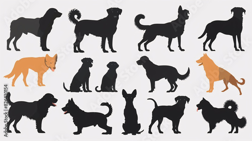 Silhouettes of different dog breeds on a white background