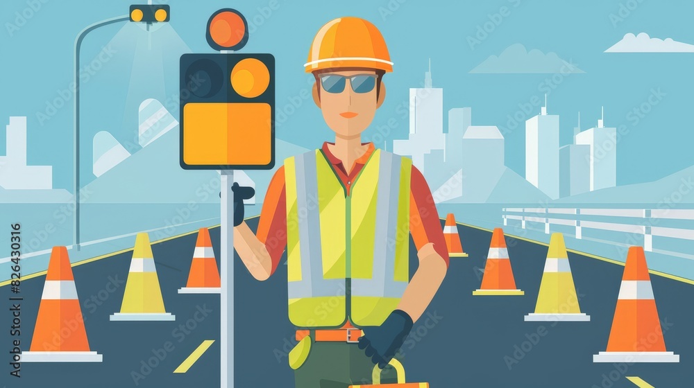 A flat design traffic controller character in 2D flat style, wearing a safety vest and hard hat, holding a traffic signal paddle. The background shows a road with traffic cones and barriers. The A flat design traffic controller character in 2D flat style, wearing a safety vest and hard hat, holding a traffic signal paddle. The background shows a road with traffic cones and barriers. The