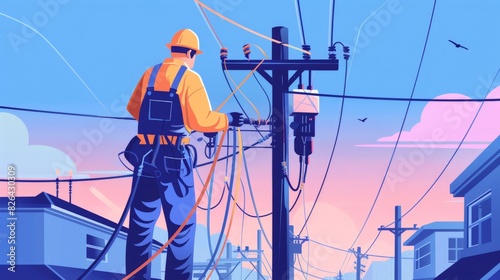 An infrastructure electrician character in 2D flat style, depicted in overalls and a hard hat, working on a utility pole with electrical wires. The background includes elements like transformers and