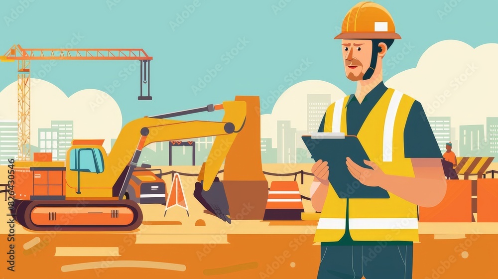 A flat design construction supervisor character in 2D flat style, depicted in a hard hat and reflective vest, holding a clipboard and giving instructions to workers. The background includes a A flat design construction supervisor character in 2D flat style, depicted in a hard hat and reflective vest, holding a clipboard and giving instructions to workers. The background includes a