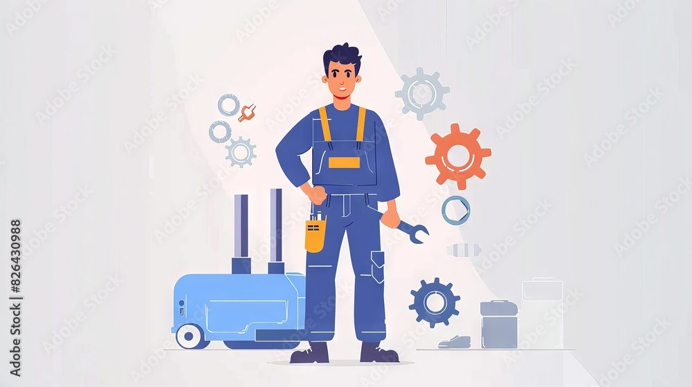 A 2D flat style technician character depicted in a blue jumpsuit with a tool belt, holding a wrench. The background includes elements like gears and machinery, emphasizing the technical aspect of A 2D flat style technician character depicted in a blue jumpsuit with a tool belt, holding a wrench. The background includes elements like gears and machinery, emphasizing the technical aspect of
