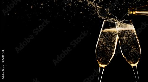 Elegance captured in motion, this image shows champagne being poured with lively bubbles against a dark backdrop