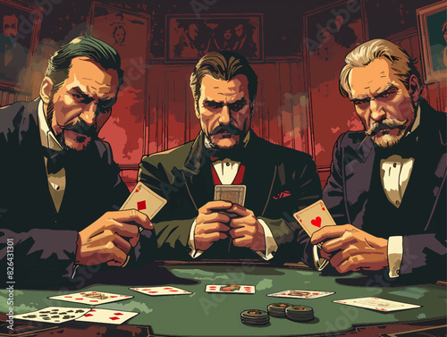 three stern men playing poker in a vintage room, surrounded by cards and chips, creating a tense atmosphere. Generative ai vector illustration. Pop art comic book style imitation