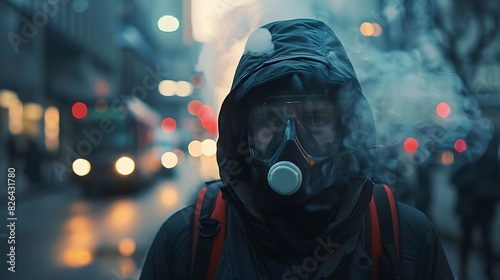 Tech-savvy individual wearing a high-tech mask in a heavily polluted urban environment photo