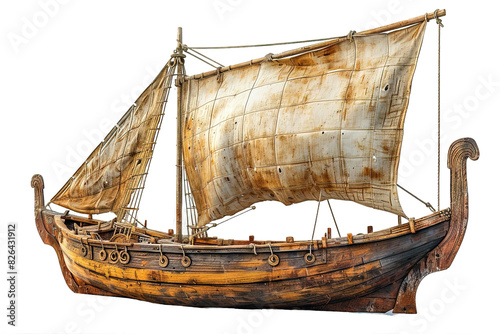 side view ancient Roman sailboat isolated on transparent background ,generative ai photo