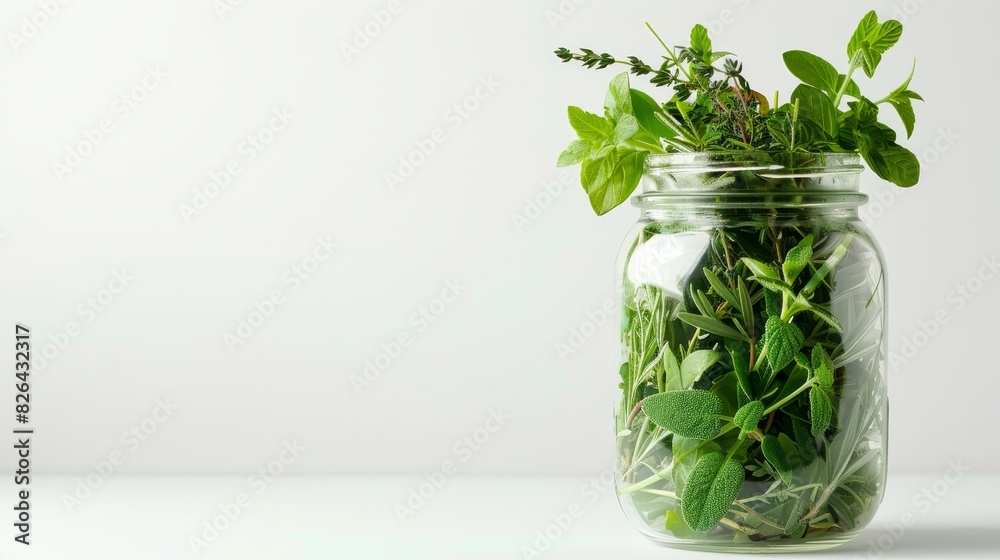 Freshly cut herbs in a glass jar, aromatic and green, perfect for culinary and organic gardening themes, isolated white background. Freshly cut herbs in a glass jar, aromatic and green, perfect for culinary and organic gardening themes, isolated white background.