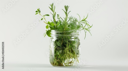 Freshly cut herbs in a glass jar, aromatic and green, perfect for culinary and organic gardening themes, isolated white background.