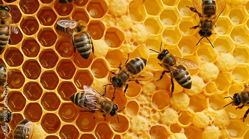 Honey bees on honeycomb. The bees are busy working to produce honey. The honeycomb is full of sweet, golden honey. © Nijat