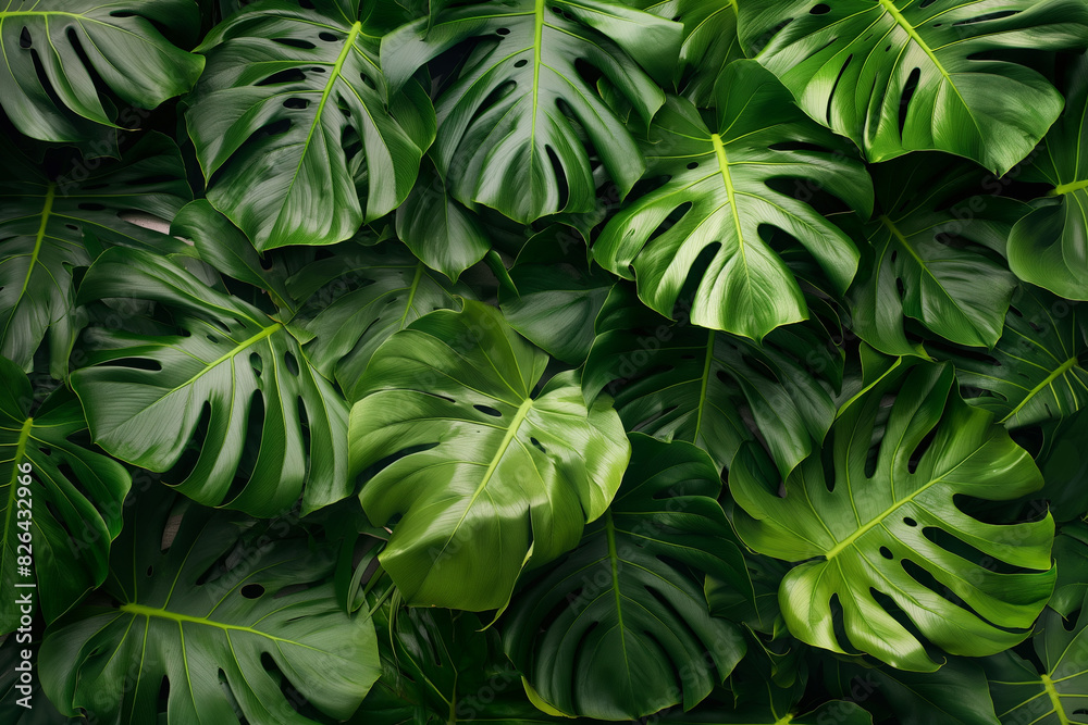 Fototapeta premium Background with tropical monstera plant leaves. Generative Ai
