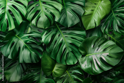 Background with tropical monstera plant leaves. Generative Ai